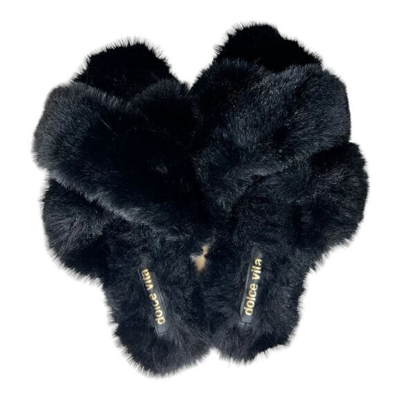 Dolce Vita Women's Faux Fur Fuzzy Criss Cross Band Slide Slippers Black Size 7 - Picture 1 of 5